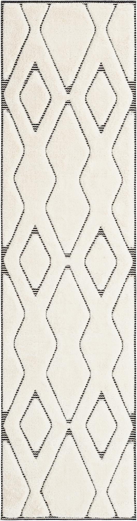 2' 7 x 10' Armstead · Geometric trellis rug, ivory and black