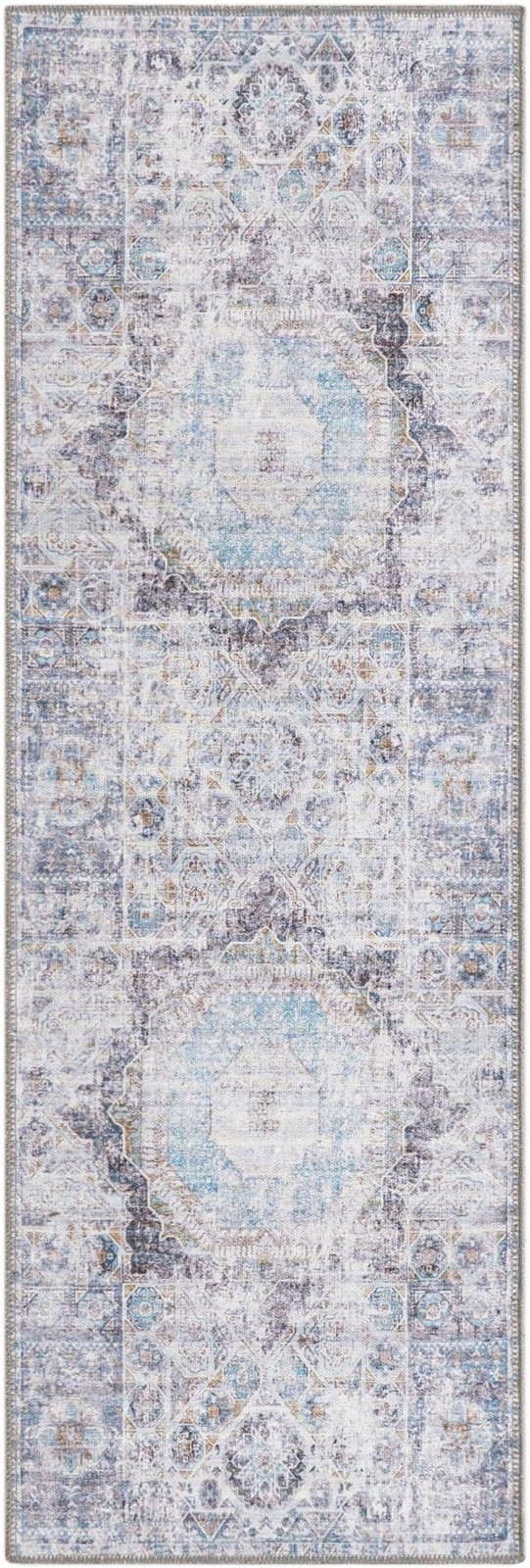 2' x 6' Cinnabar · Distressed medallion rug, ivory and purple