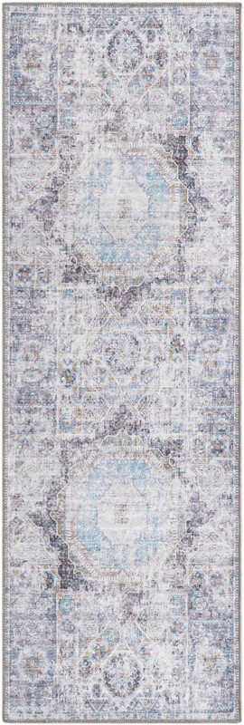 2' x 6' Cinnabar · Distressed medallion rug, ivory and purple