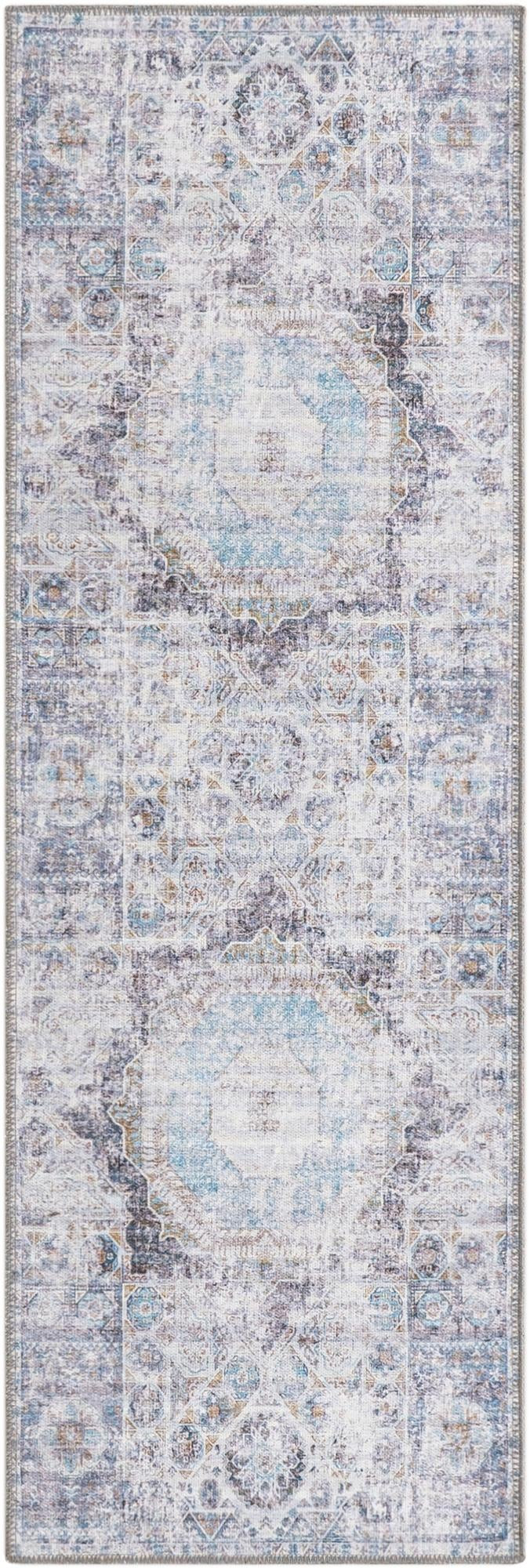 2' x 6' Cinnabar · Distressed medallion rug, ivory and purple