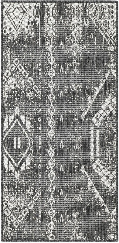 2' x 4' Wildman · Tribal geometric Outdoor Rug, charcoal and ivory