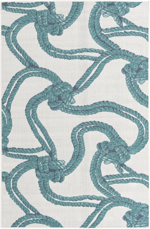 5' 3 x 8' Calder · Nautical rope Outdoor Rug, teal and ivory