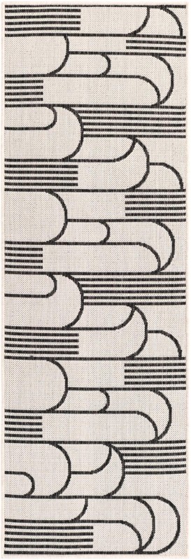 2' x 6' Prudence · Geometric Outdoor Rug, black and white