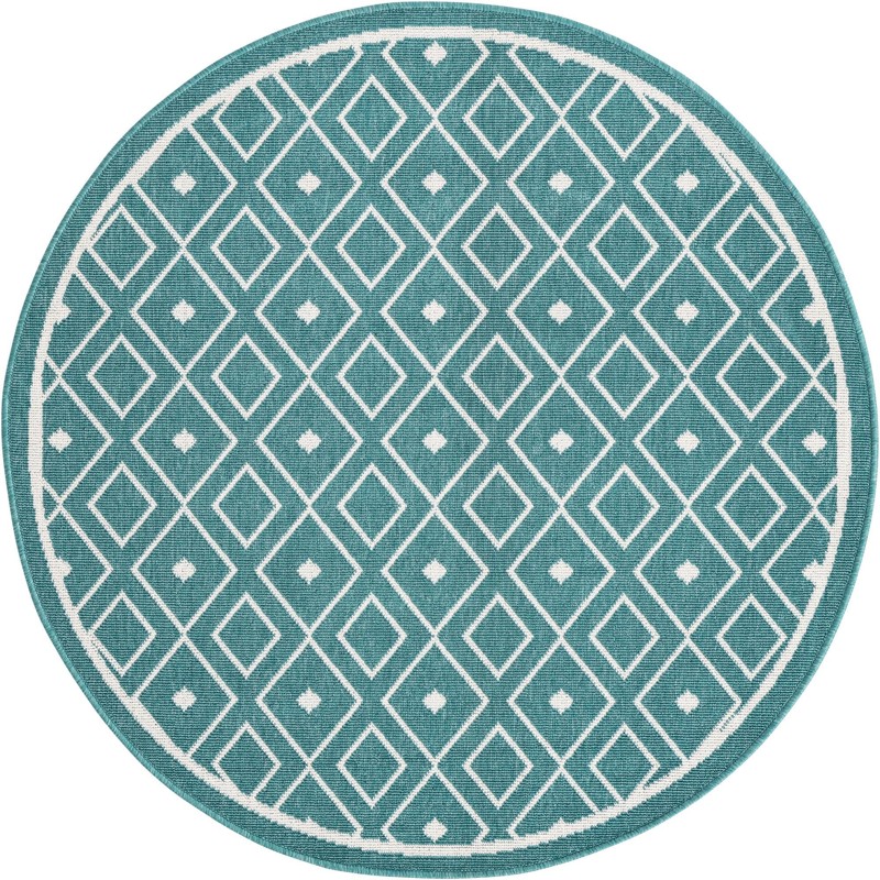4' x 4' Revell · Geometric Outdoor Rug, teal and ivory