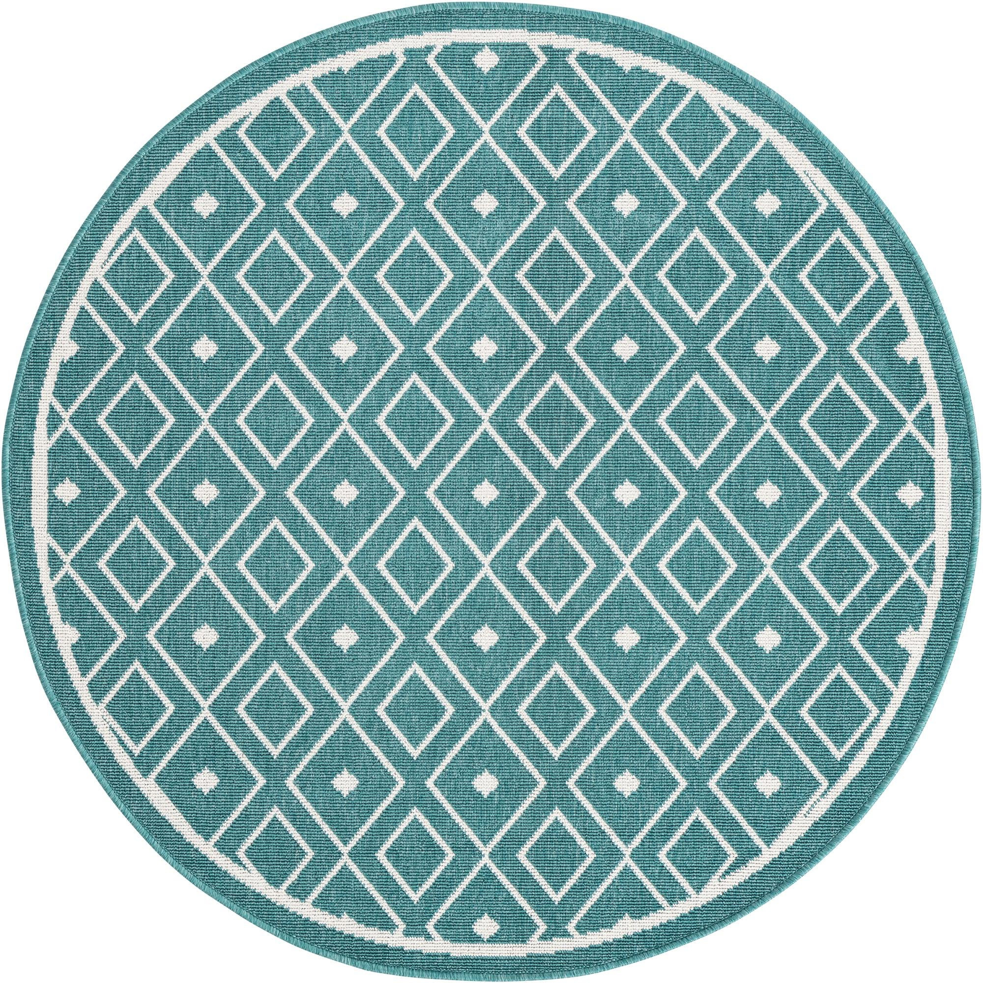 4' x 4' Revell · Geometric Outdoor Rug, teal and ivory