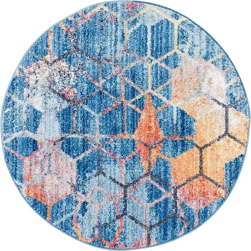 3' 3 x 3' 3 Huntley · Geometric honeycomb rug, blue and gold