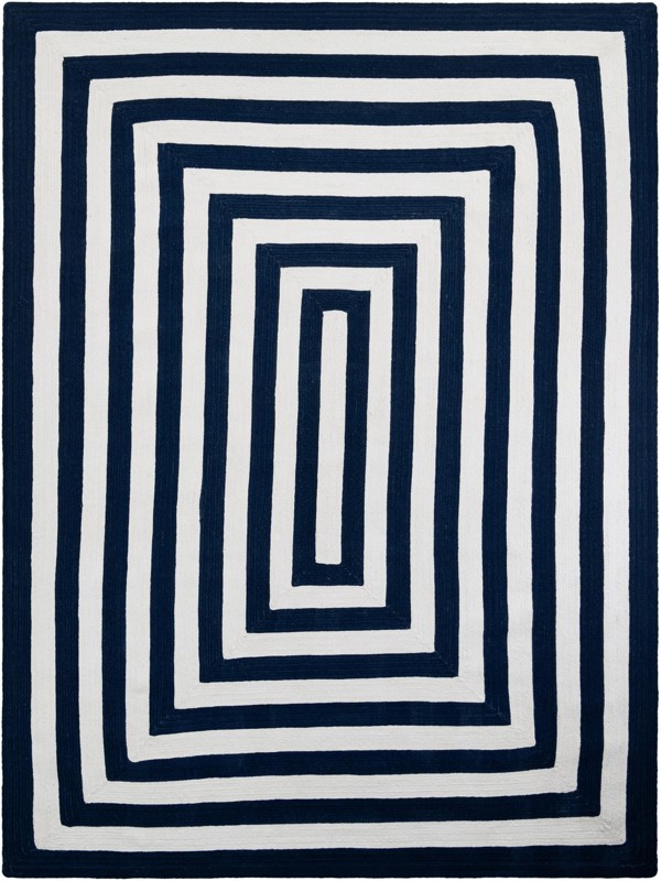 9' x 12' Dennison · Geometric border Washable Outdoor Rug, navy and white