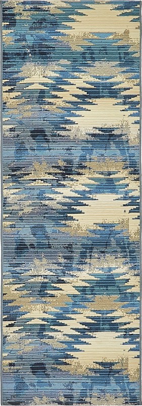 2' x 6' Lomax · Abstract geometric Outdoor Rug, blue and beige