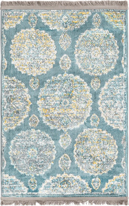 2' 2 x 3' Mather · Medallion rug, teal and cream