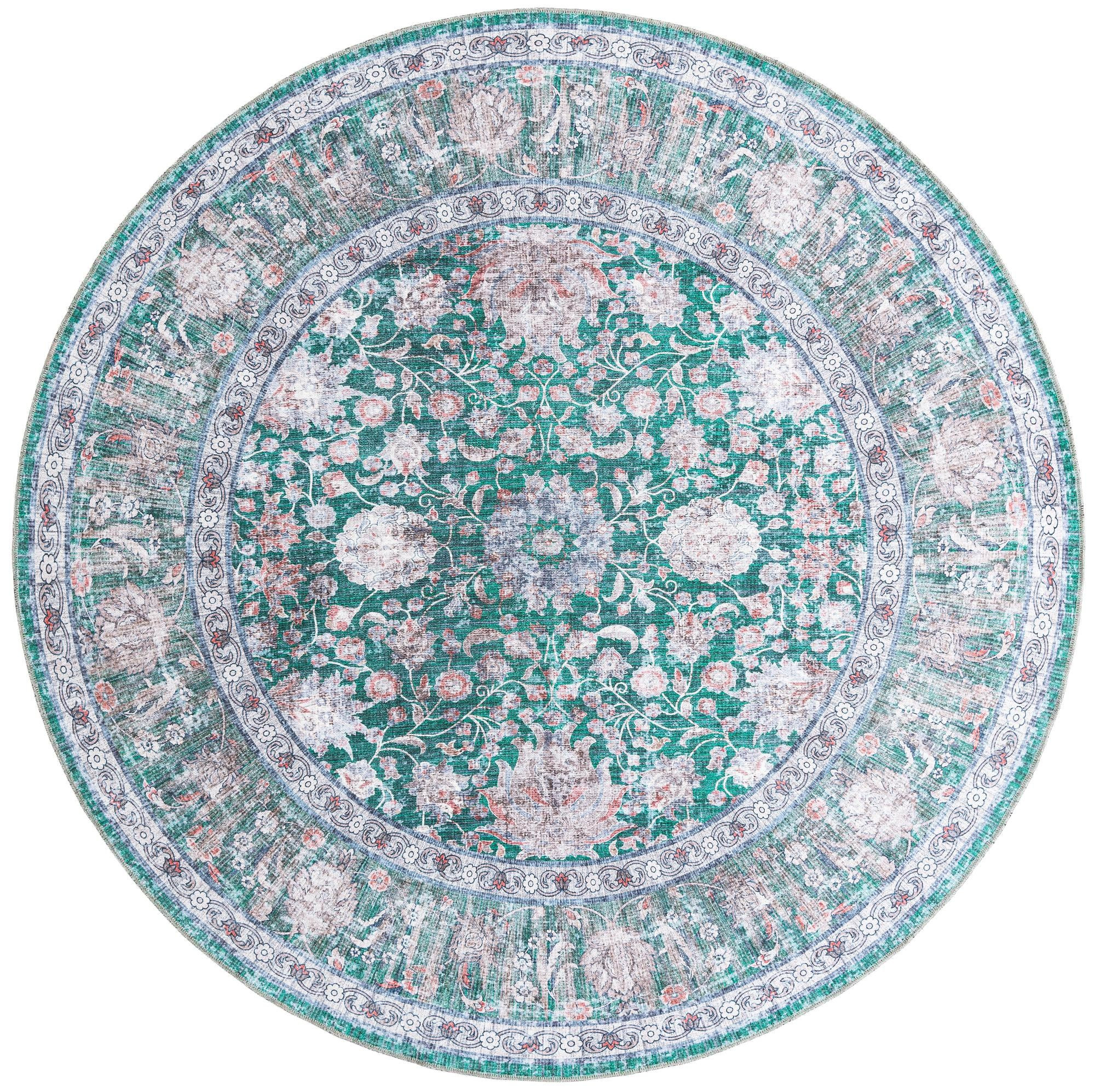 7' 10 x 7' 10 Bertie · Floral Washable Rug, emerald and ivory