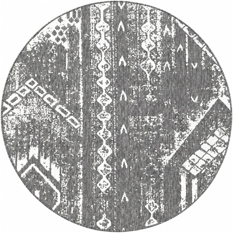 6' x 6' Wildman · Tribal geometric Outdoor Rug, charcoal and ivory