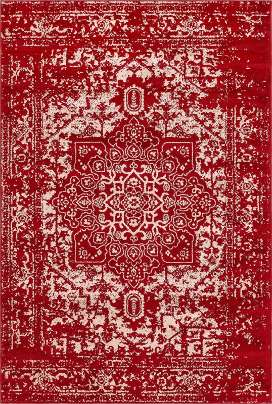 6' x 9' Birch · Distressed medallion rug, red and ivory
