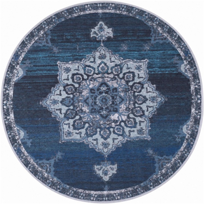 5' x 5' Rideout · Medallion rug, navy and light blue
