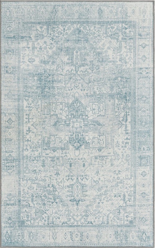 Clive · Faded medallion Washable Rug, teal and ivory