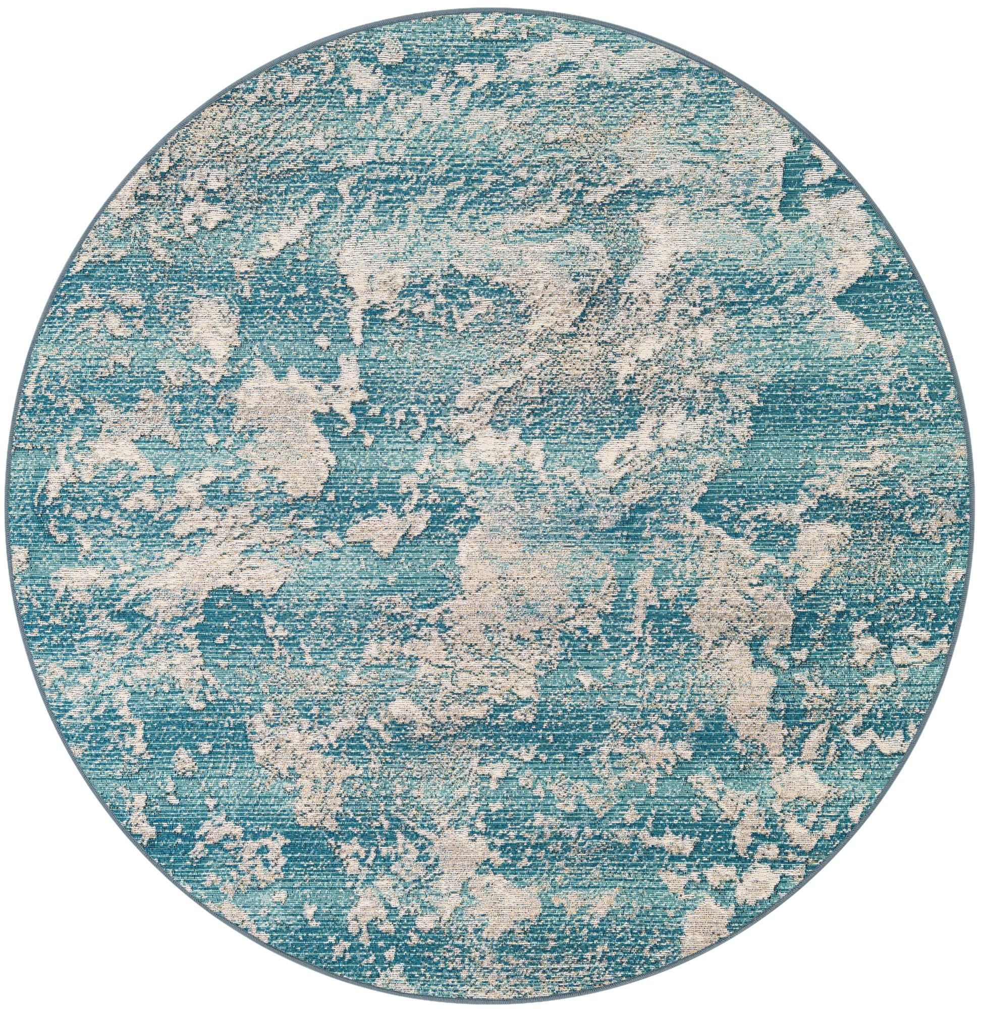 5' x 5' Lomax · Abstract Outdoor Rug, aqua and ivory