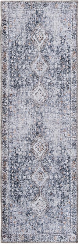 2' x 6' Hodges · Distressed medallion rug, gray and black