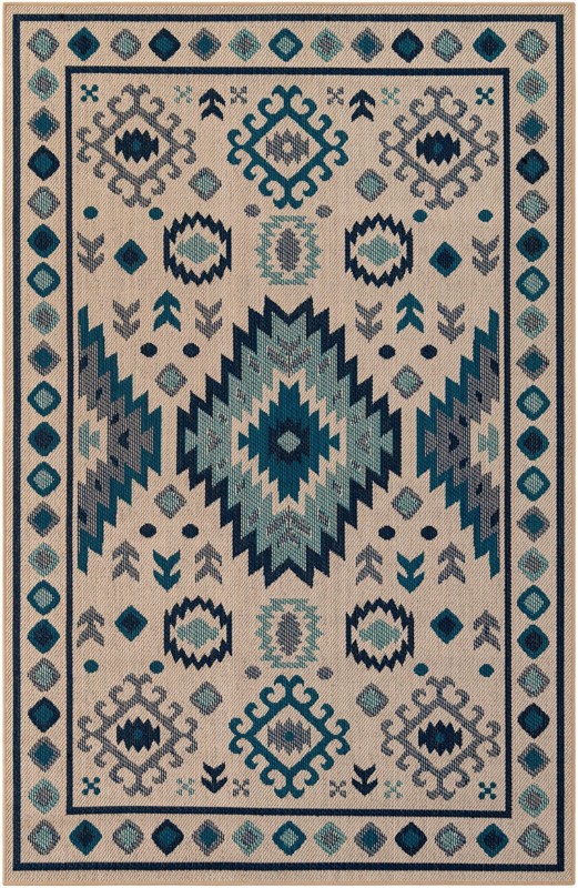 6' x 9' Whitfield · Geometric tribal Outdoor Rug, beige and blue