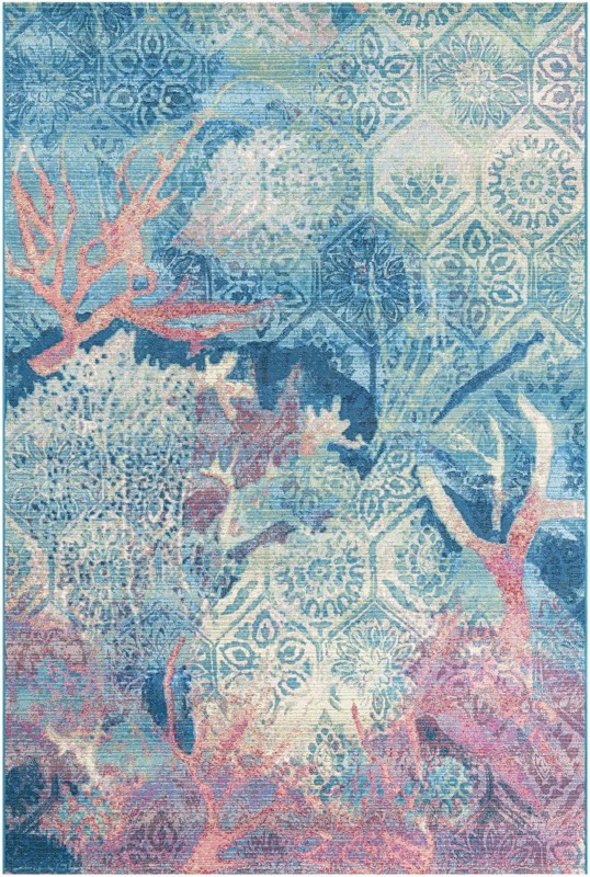 6' x 9' Lomax · Coral abstract Outdoor Rug, blue and pink