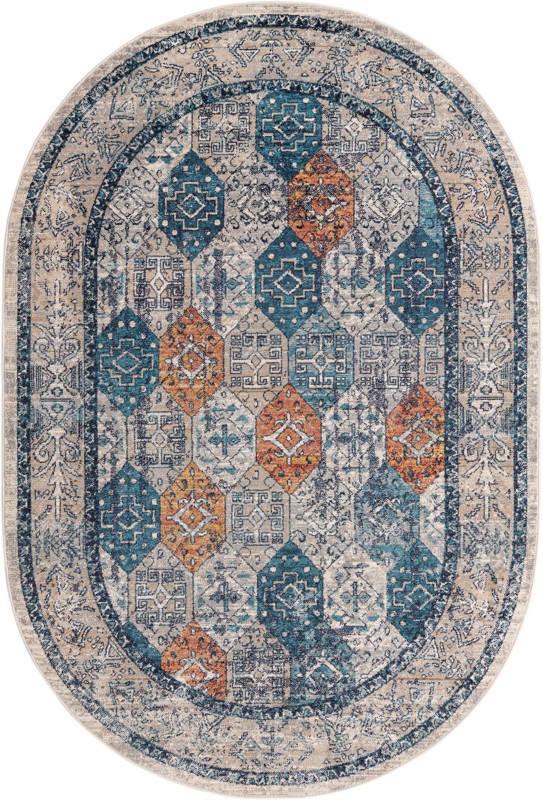 5' 3 x 8' Keane · Diamond rug, blue and rust