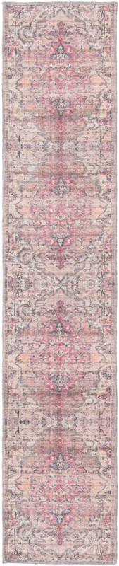 2' x 10' Medford · Distressed medallion Washable Rug, pink and gray