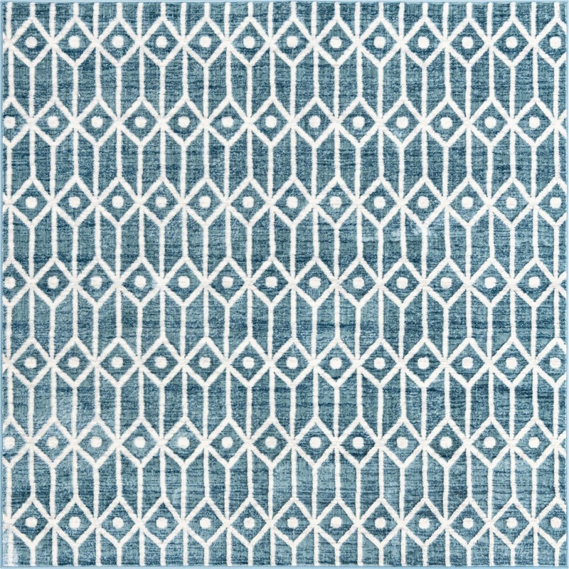 7' x 7' Vincent · Geometric trellis rug, blue and ivory