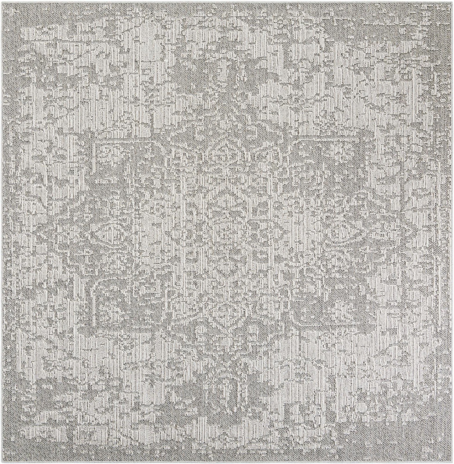 7' 10 x 7' 10 Cotter · Faded medallion Outdoor Rug, gray and cream