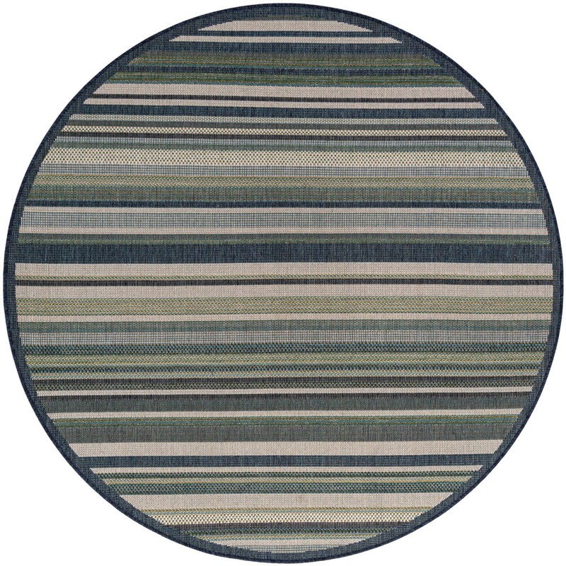 7' x 7' McBride · Striped Outdoor Rug, blue and ivory