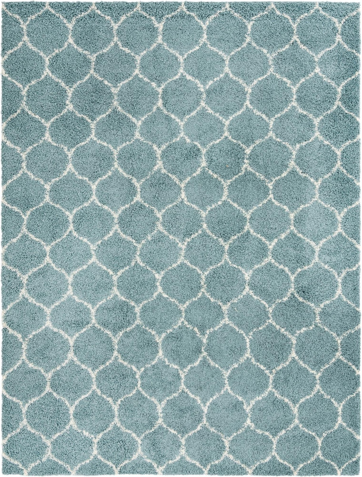 10' 8 x 14' Barnett · Lattice shag rug, light blue and ivory