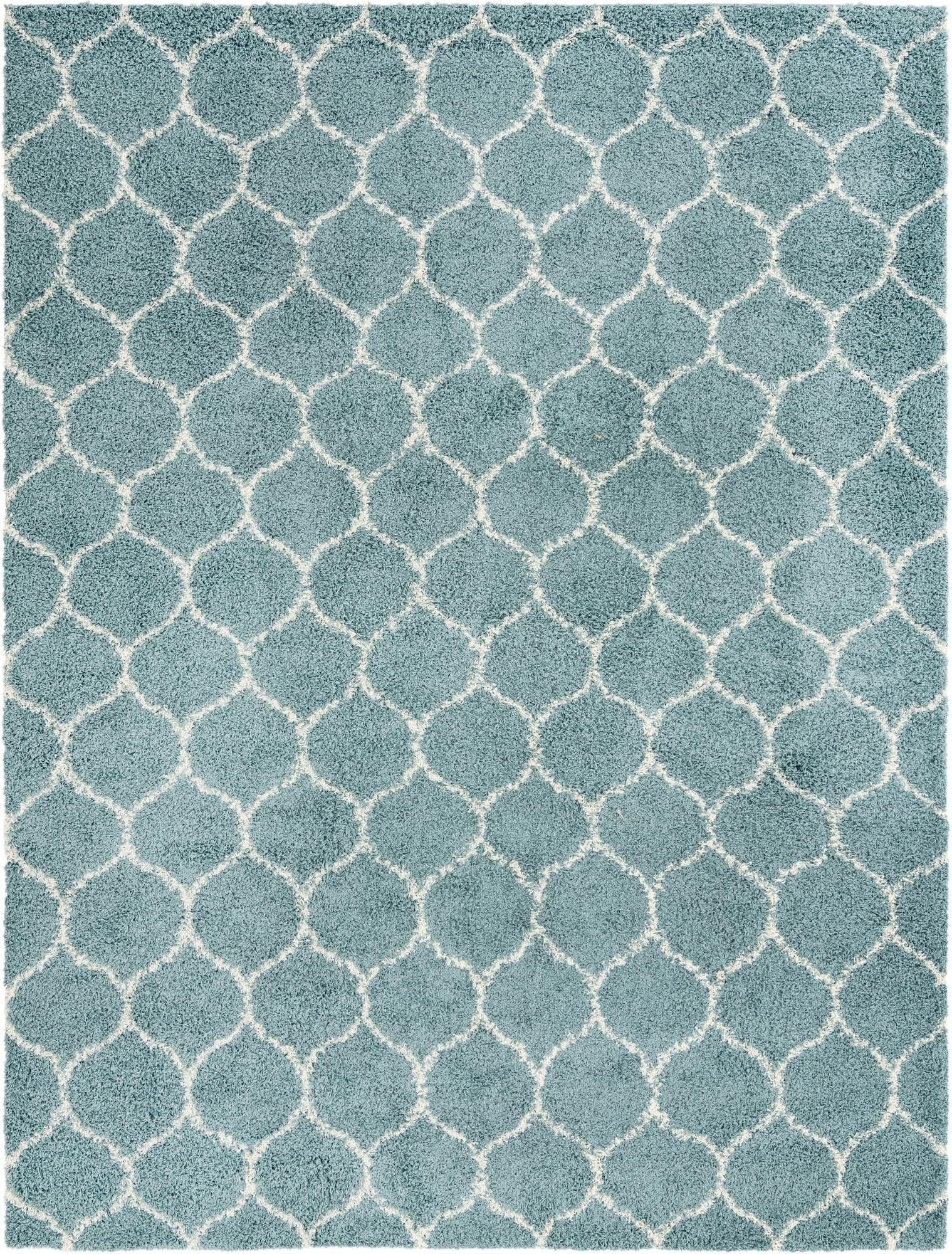 10' 8 x 14' Barnett · Lattice shag rug, light blue and ivory