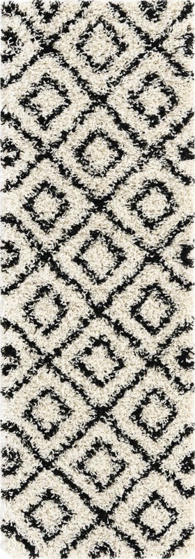 2' x 6' Brock · Geometric diamond Shag Rug, black and cream