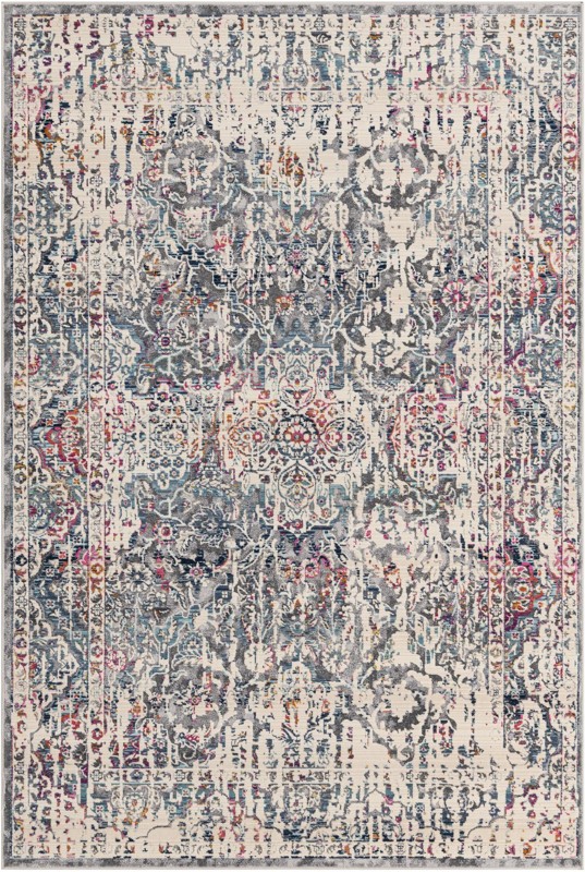 5' x 7' 10 Langton · Distressed medallion rug, gray and multi