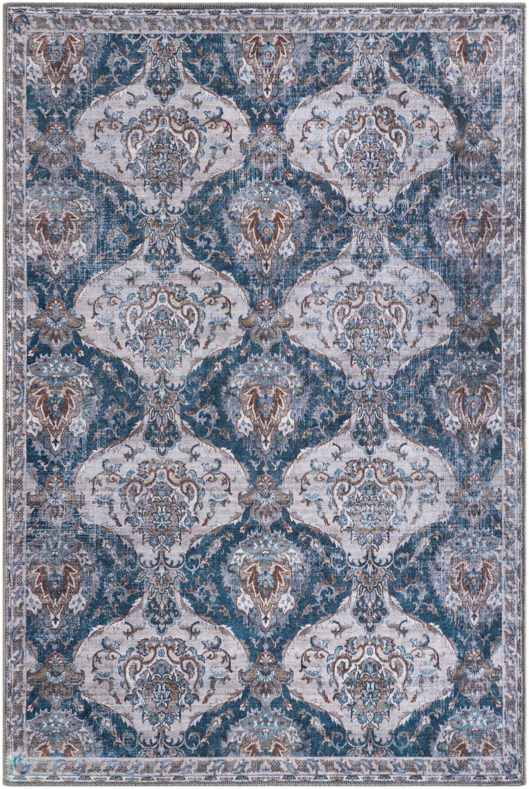4' x 6' McCall · Damask rug, blue and ivory