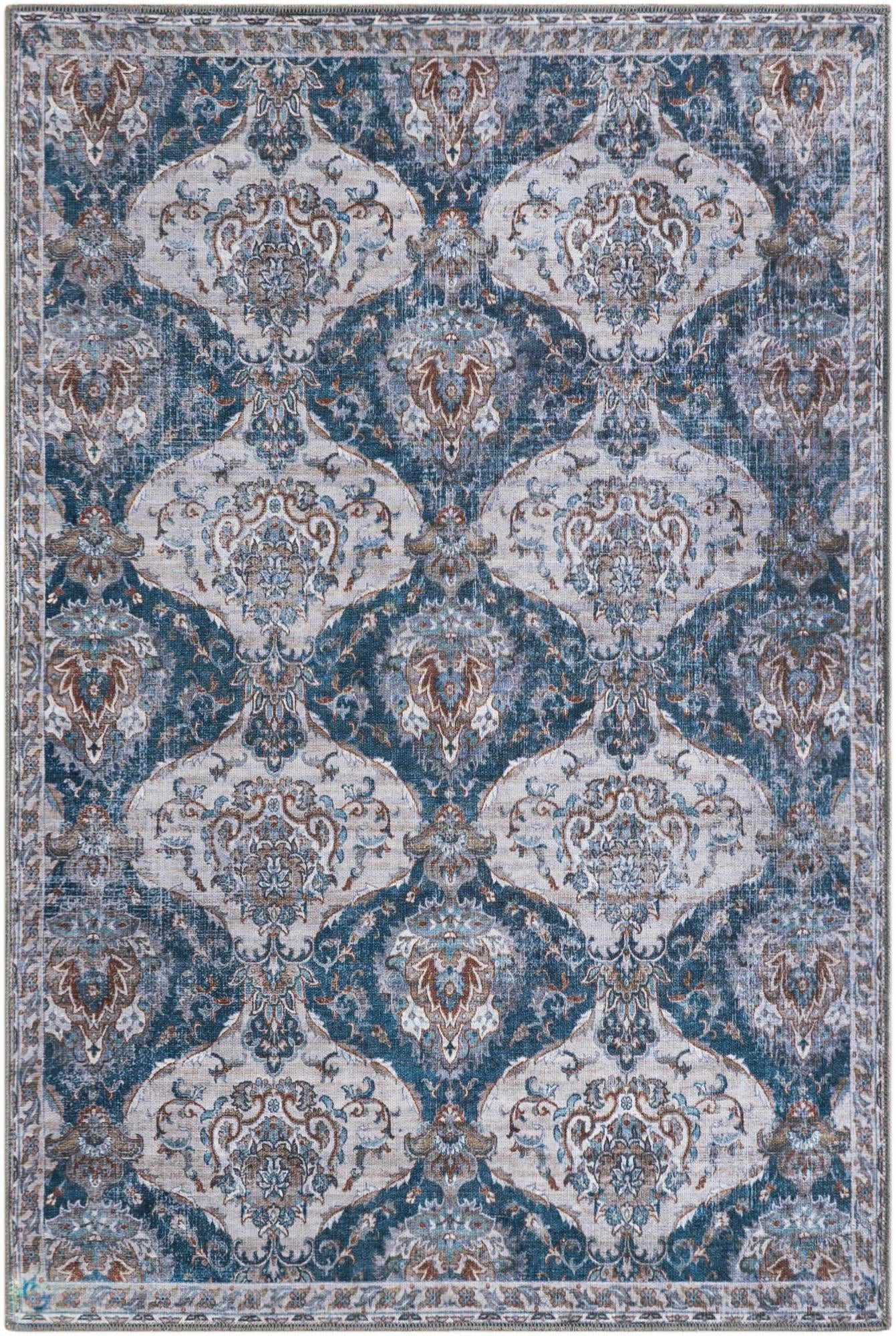 4' x 6' McCall · Damask rug, blue and ivory