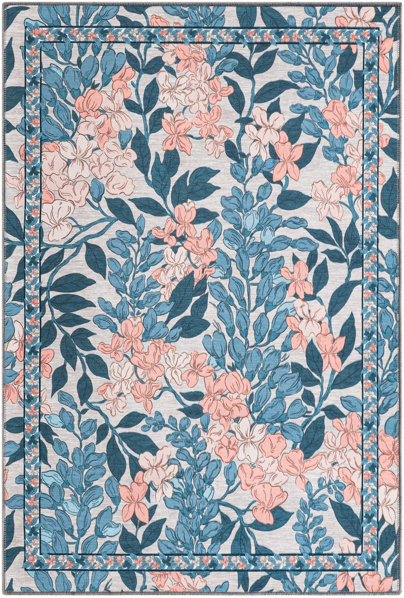 4' x 6' Hanson · Floral rug, blue and peach