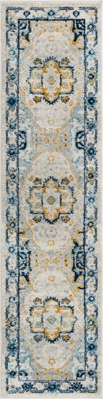2' x 8' Pierce · Medallion rug, gray, blue and yellow