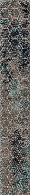 2' 7 x 12' Galloway · Geometric trellis rug, turquoise and brown
