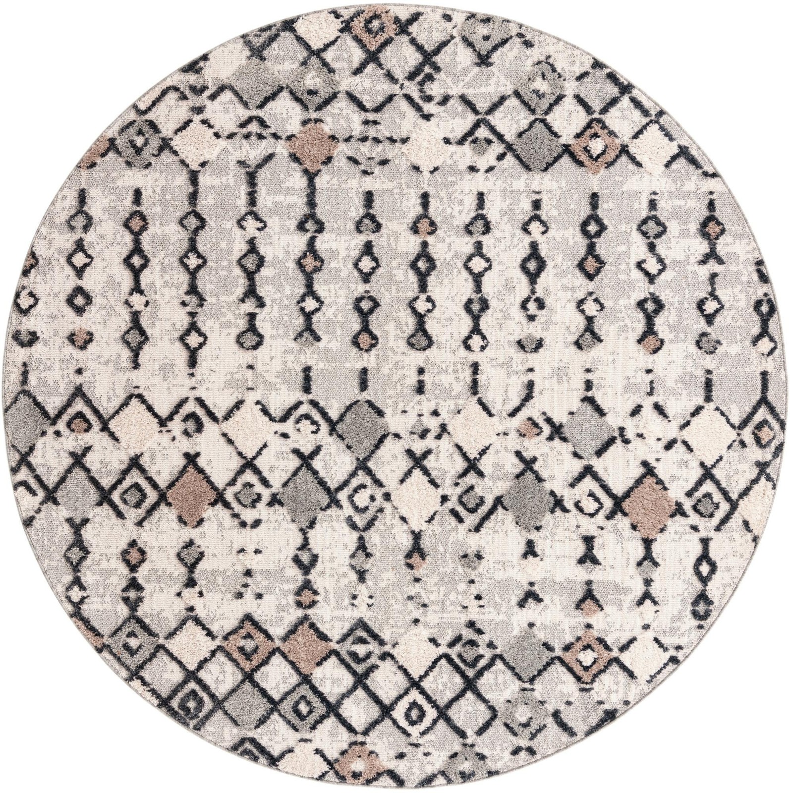 7' x 7' Josephine · Geometric tribal rug, sand and gray