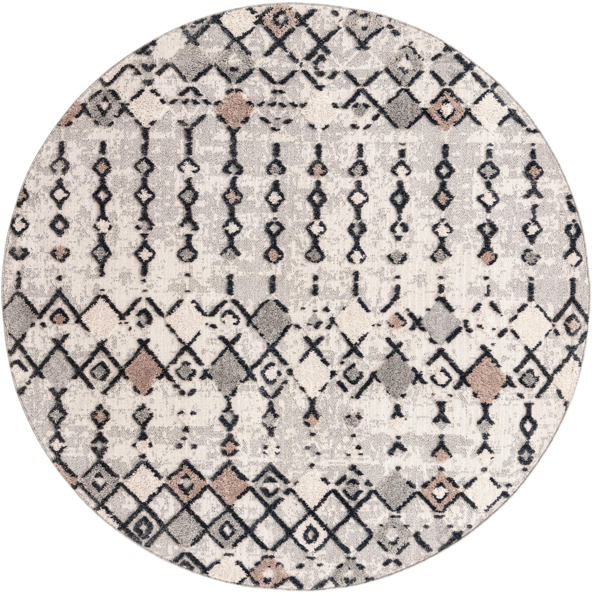7' x 7' Josephine · Geometric tribal rug, sand and gray