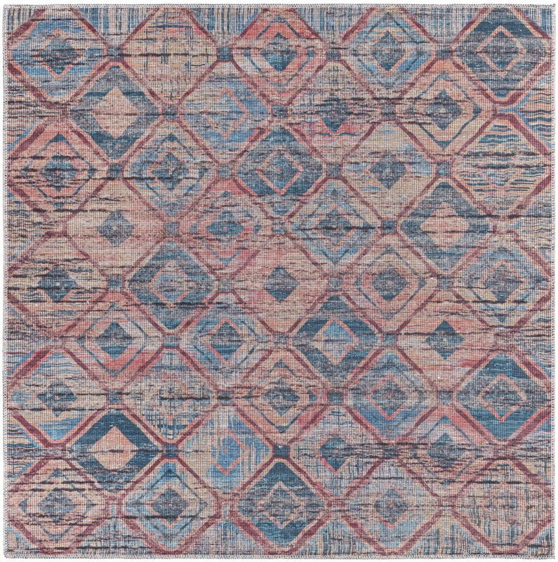 5' 3 x 5' 3 Torrance · Geometric diamond Washable Rug, peach and blue