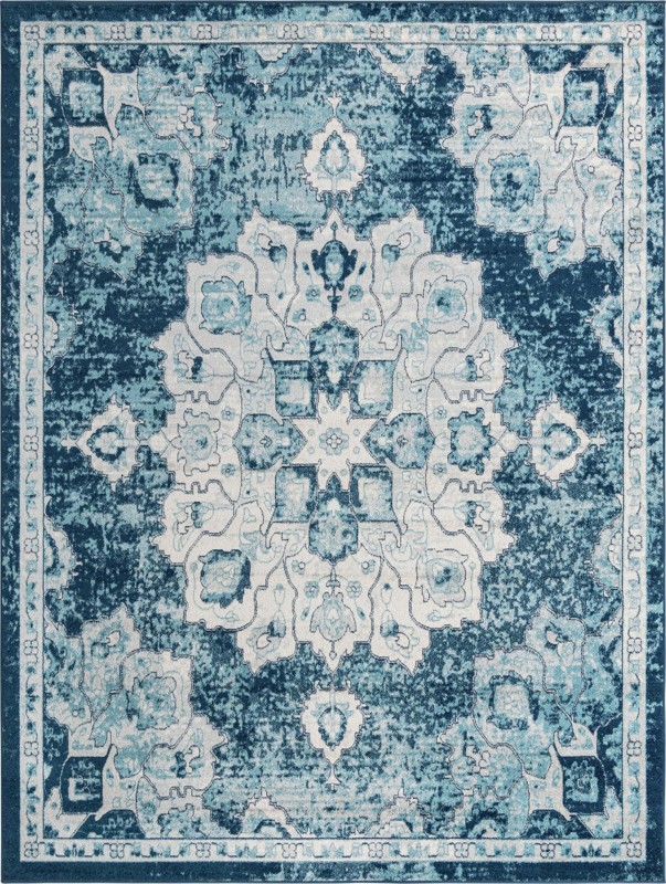 9' x 12' Nettle · Distressed medallion rug, blue and ivory