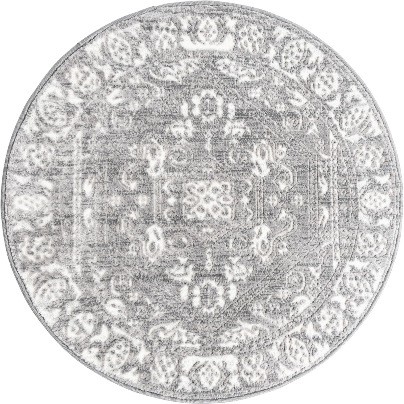 3' 3 x 3' 3 Chamomile · Medallion rug, gray and ivory