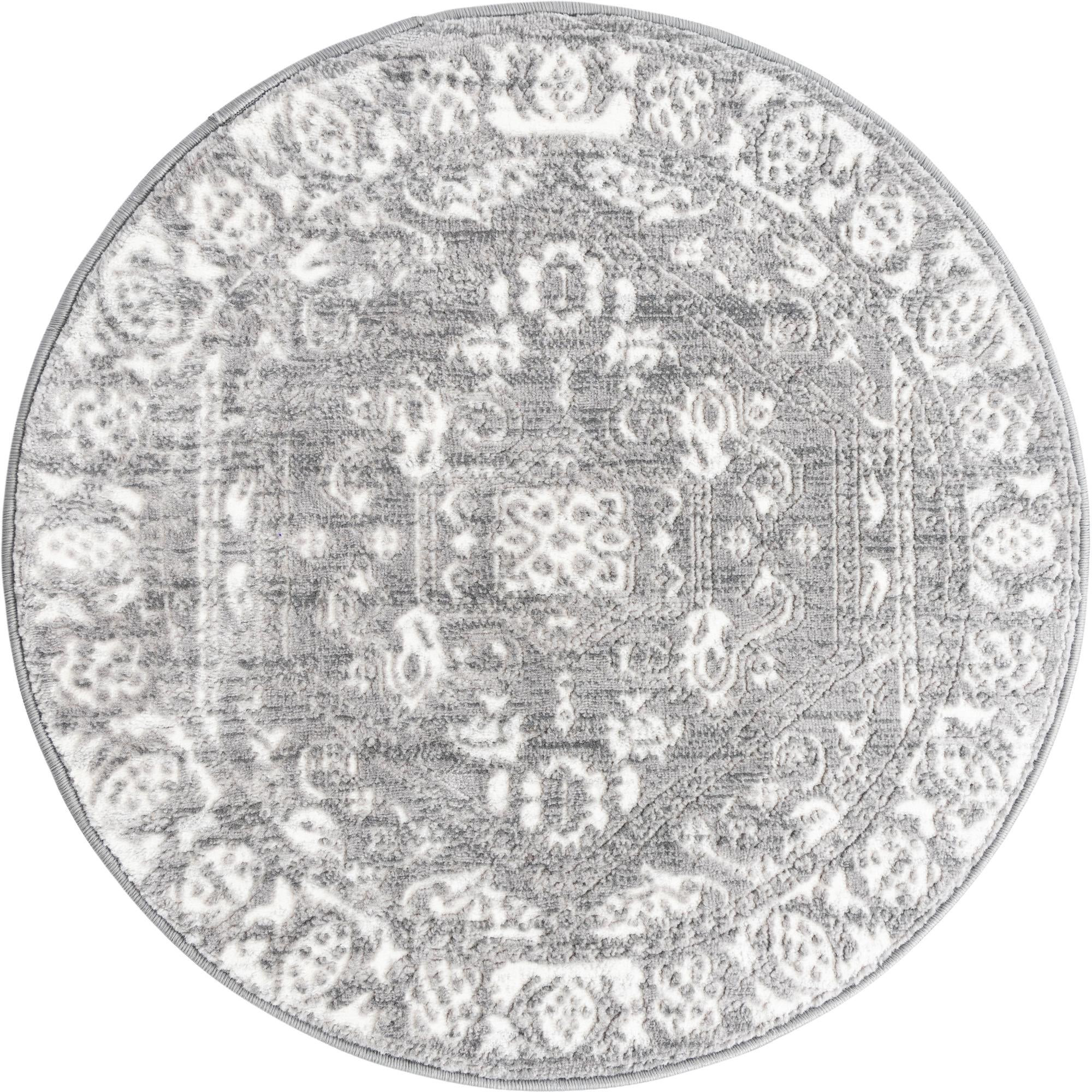 3' 3 x 3' 3 Chamomile · Medallion rug, gray and ivory