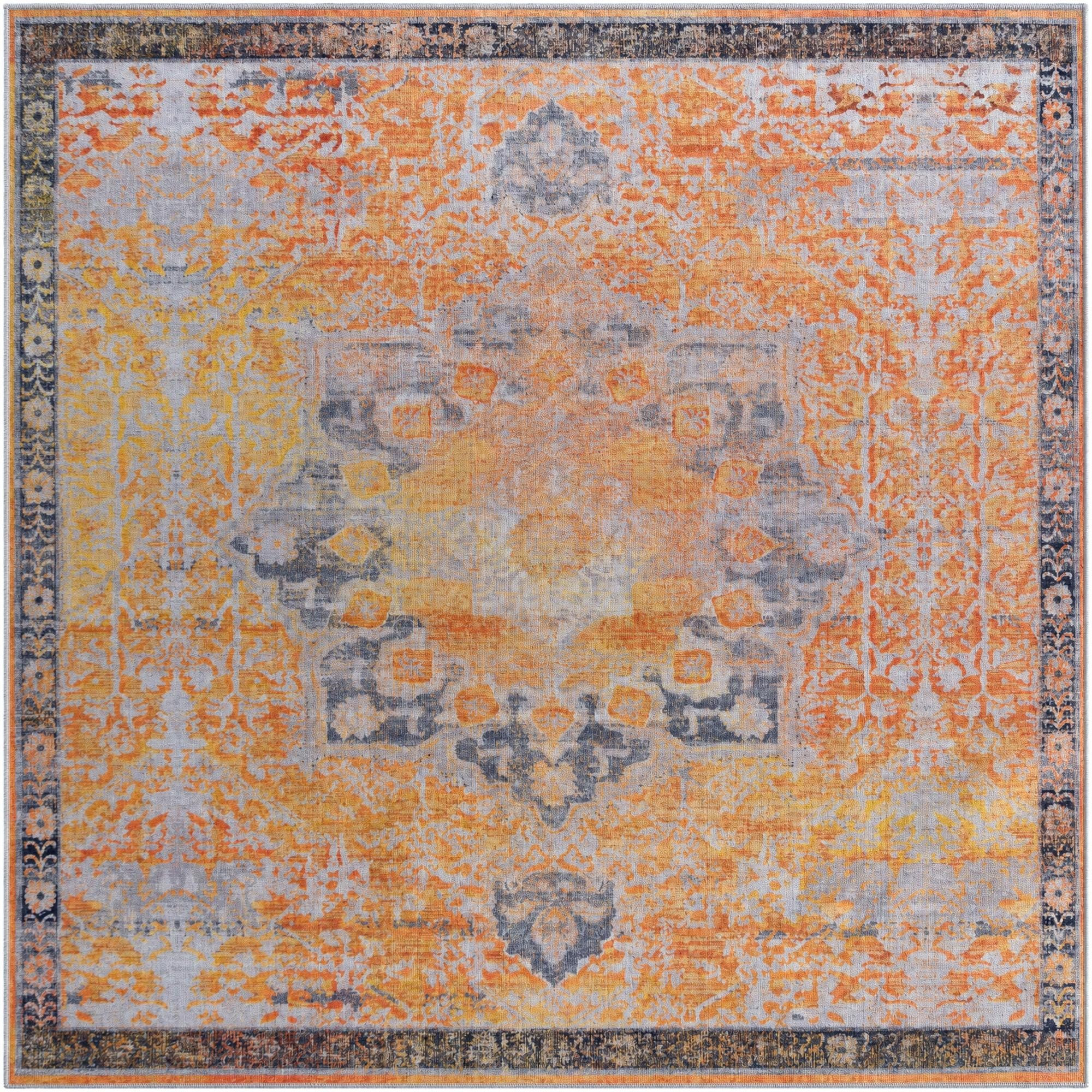 6' x 6' Rideout · Distressed medallion rug, yellow and slate