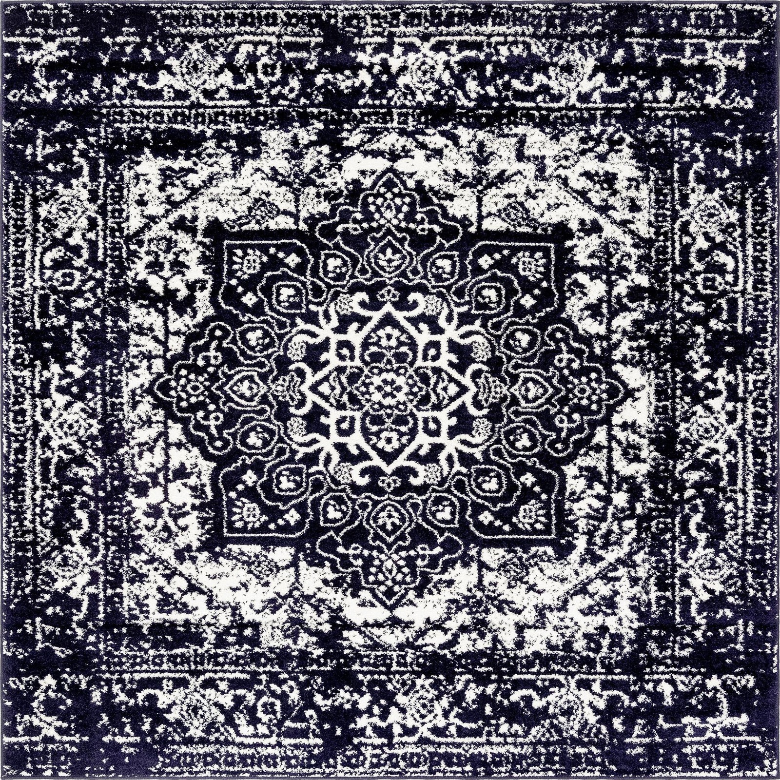 7' 10 x 7' 10 Birch · Distressed medallion rug, navy and ivory