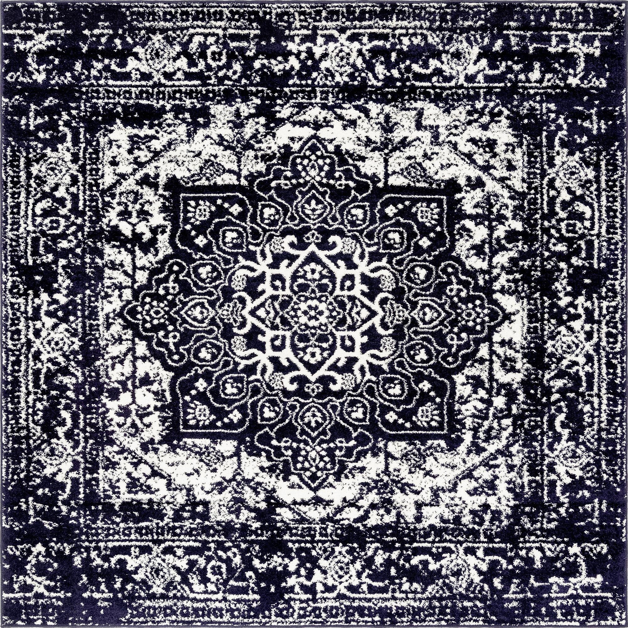7' 10 x 7' 10 Birch · Distressed medallion rug, navy and ivory