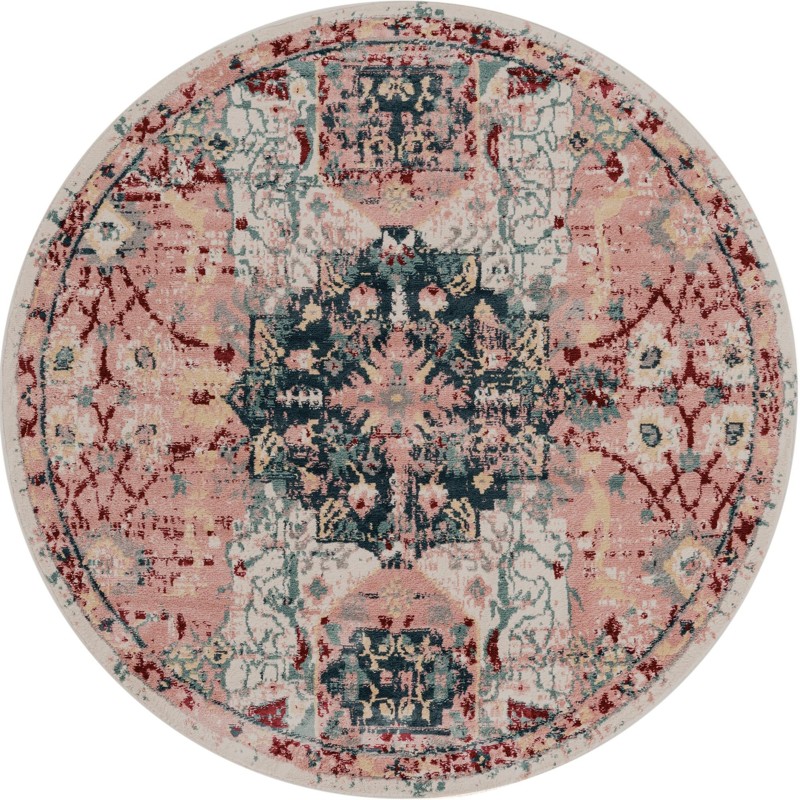 7' x 7' Westcott · Distressed medallion rug, pink and navy