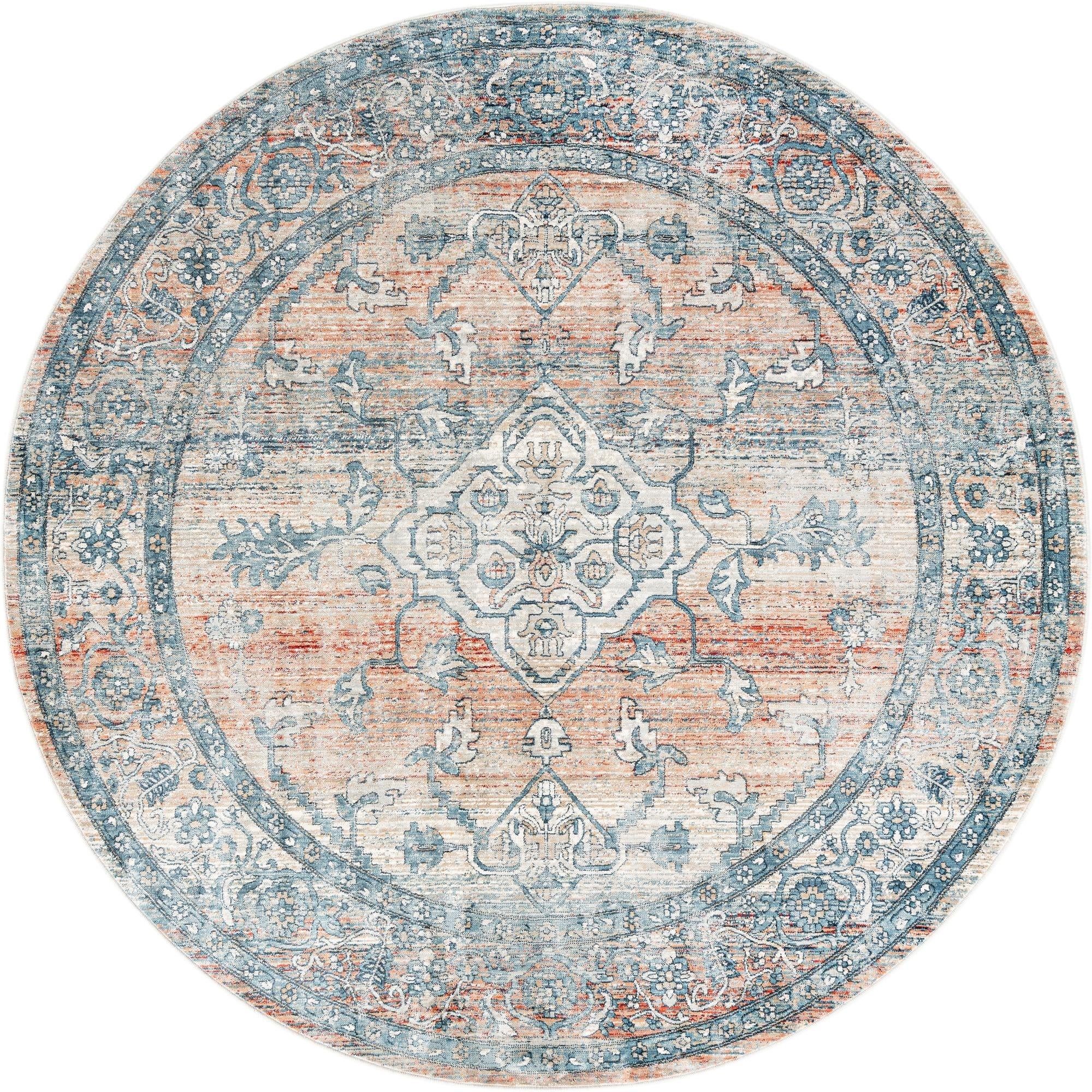 7' x 7' Opal · Medallion rug, blue and terracotta