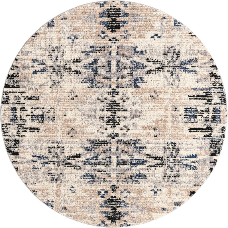 7' x 7' Littleton · Tribal medallion rug, ivory and blue
