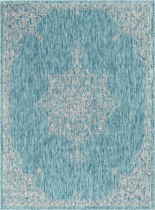 9' x 12' Rhys · Medallion Outdoor Rug, aqua and gray