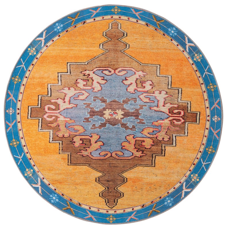 5' x 5' Sanderson · Medallion Washable Rug, orange and blue